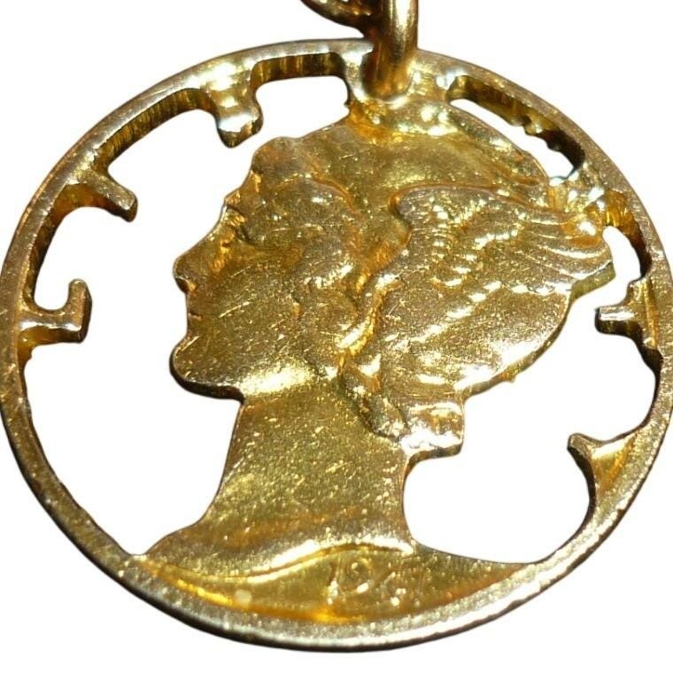 Vintage Cut Out Mercury Dime Pendant Necklace Gold Plated 1941 Coin Jewelry
